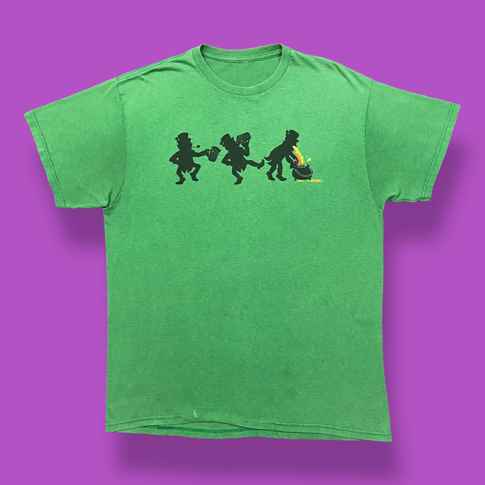 Vintage Funny Drinking Shirt Irish Leprechaun Graphic Tee y2k Faded Green L/XL